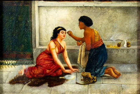 Antique 19C American oil painting: ARTIST: - (American, 19 century) TITLE: Oriental Women Doing Make Up MEDIUM: oil on canvas CONDITION: Few patches. Some paint losses (see pictures carefully). Some craquelure. Some scattered