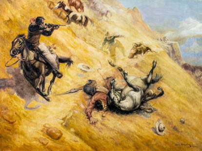 Edwin Weinstock (US,20C) oil painting: ARTIST: Edwin Weinstock (American, 20 century) TITLE: Gunfight MEDIUM: oil on canvas CONDITION: One nail hole by the upper edge. Few minor paint losses. Minor craquelure. No visible inpaint under UV