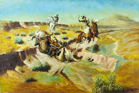 Vintage 20C American oil painting: ARTIST: - (American, 20 century) TITLE: Tumble in Rough Terrain MEDIUM: oil on canvas CONDITION: Few minor paint losses. Some scattered small dark spots. No visible inpaint under UV light. ART