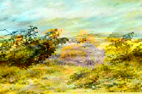 Rex Dowson (US,20C) oil painting: ARTIST: Rex Dowson (American, 20 century) TITLE: Indian Men Hunting Buffalo MEDIUM: oil on canvas CONDITION: Few small paint losses. Minor craquelure. No visible inpaint und