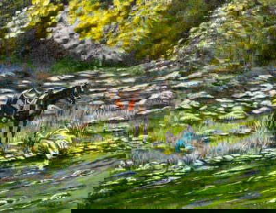 Shirley Beaman (US,20C) oil painting: ARTIST: Shirley Beaman (American, 20 century) TITLE: Cowboy Drinking From Stream MEDIUM: oil on canvas CONDITION: Very good. No visible inpaint under UV light. AR
