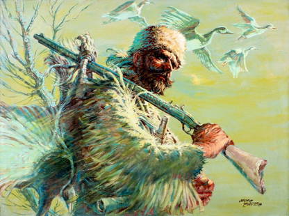 Jesse Santos (Philippines,US,1928-2013) oil painting: ARTIST: Jesse Santos (Filipino, American, 1928 - 2013) TITLE: Hunter with Dead Game MEDIUM: oil on canvas CONDITION: Unstretched (In-House stretching available). Overall g