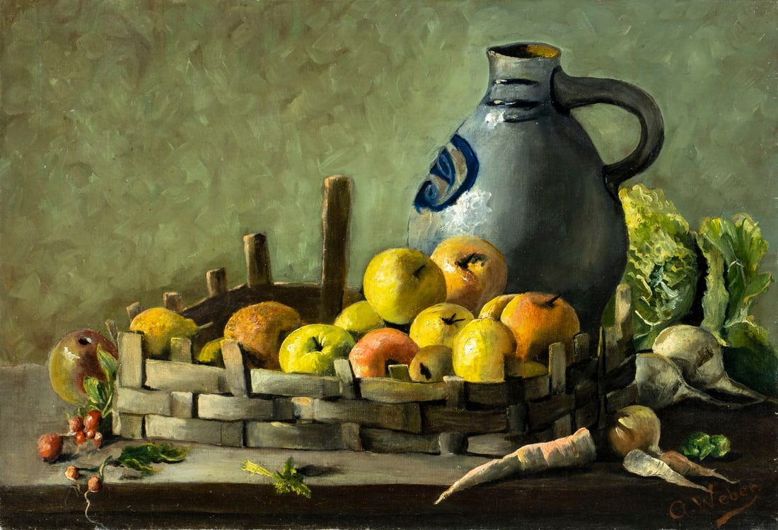G Weber (US,19C) oil painting antique: ARTIST: G Weber (American, 19 century) TITLE: Still Life with Jug, Fruit and Vegetables MEDIUM: oil on canvas CONDITION: Relined. Few very minor paint losses. Some craquelur