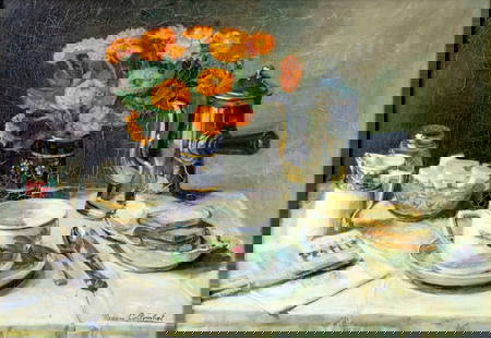 Madeleine Collombet (France,early 20C) oil painting antique: ARTIST: Madeleine Collombet (French, early 20 century) TITLE: Tabletop Still Life MEDIUM: oil on canvas CONDITION: Missing a few flakes of paint. Some craquelure. No visible
