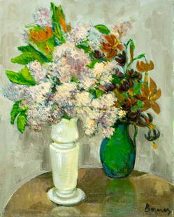 Albert Bela Bauer (Hungary,1899-1998) oil painting: ARTIST: Albert Bela Bauer (Hungarian, 1899 - 1998) TITLE: Still Life with Vases of Flowers MEDIUM: oil on canvas board CONDITION: Few pinholes along edges. Few very minor