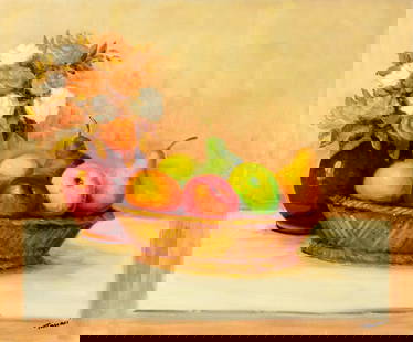 Tanasi (Europe,20C) oil painting: ARTIST: Tanasi (European, 20 century) TITLE: Still Life with Fruit Basket and Vase of Flowers MEDIUM: oil on canvas CONDITION: Overall good. No visible inpaint under UV ligh