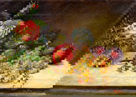 N Levy (US,early 20C) oil painting antique: ARTIST: N Levy (American, early 20 century) TITLE: Still Life with Fruits MEDIUM: oil on canvas CONDITION: One puncture. Few minor paint losses. Minor craquelure. No visible