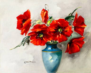 E Muller (Europe,20C) oil painting: ARTIST: E Muller (European, 20 century) TITLE: Still Life with Red Poppies MEDIUM: oil on canvas CONDITION: Unstretched (In-House stretching available). Few minor paint los