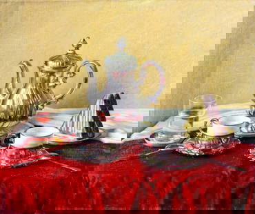 Istvan Gyorffy (Hungary,1890-1970) oil painting: ARTIST: Istvan Gyorffy (Hungarian, 1890 - 1970) TITLE: Still Life with Tea Set MEDIUM: oil on canvas CONDITION: Unstretched (In-House stretching available). Minor paint lo