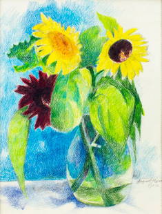 August Mosca (CN,NY,Italy,1909-2002) colored pencil painting: ARTIST: August Mosca (Connecticut, New York, Italian, 1909 - 2002) TITLE: Still Life with Vase of Flowers YEAR: 1996 MEDIUM: colored pencil on paper CONDITION:<