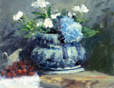 Robert Waltsak (NJ,b 1944) oil painting: ARTIST: Robert Alan Waltsak (New Jersey, born 1944) TITLE: Still Life with Grapes and Flower Pot MEDIUM: oil on canvas CONDITION: Few very minor scratches/paint losses along