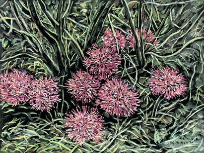 Evelyn Metzger (NY,Brazil,1911-2007) oil painting: ARTIST: Evelyn Borchard Metzger (New York, Brazilian, 1911 - 2007) TITLE: Blood Lily, Uganda (titled on verso) YEAR: 1995 MEDIUM: oil on board CONDITION: