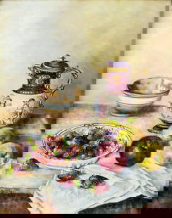 F J Brown (US,20C) oil painting: ARTIST: F J Brown (American, 20 century) TITLE: Still Life with Apples and Strawberries MEDIUM: oil on canvas CONDITION: Very good. No visible inpaint under UV light. Some s