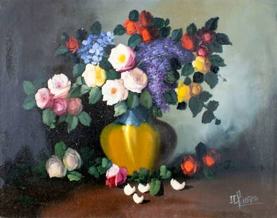 I Picero (Europe,20C) oil painting: ARTIST: I Picero (European, 20 century) TITLE: Still Life with Vase of Flowers MEDIUM: oil on canvas CONDITION: Unstretched (In-House stretching available). Minor paint loss