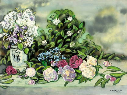 Evelyn Metzger (NY,Brazil,1911-2007) oil painting: ARTIST: Evelyn Borchard Metzger (New York, Brazilian, 1911 - 2007) TITLE: Still Life with Flowers YEAR: 1998 MEDIUM: oil on board CONDITION: Minor dama
