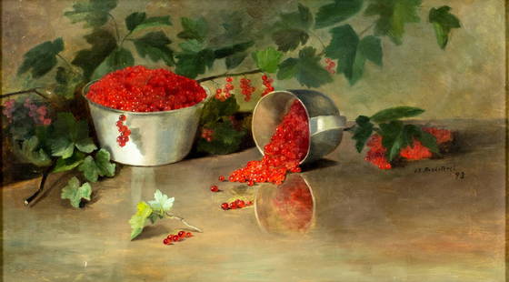 Josephine Bradstreet (ME,1859-1920) oil painting antique: ARTIST: Josephine Elizabeth Wyman Bradstreet (Maine, 1859 - 1920) TITLE: Still Life with Redcurrant YEAR: 1993 MEDIUM: oil on canvas CONDITION: Missing