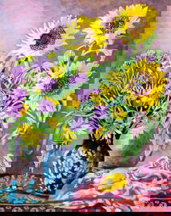 Lius (Europe,20C) oil painting: ARTIST: Lius (European, 20 century) TITLE: Still Life with Vases of Flowers, Lemon and Glass MEDIUM: oil on canvas CONDITION: Unstretched (In-House stretching available). Very good. No visible