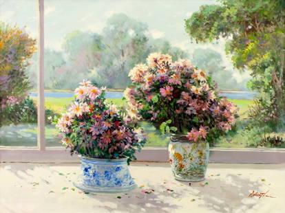 Robert Lui (Vietnam,NY,b 1951) oil painting: ARTIST: Robert Lui (Vietnamese, New York, born 1951) TITLE: Still Life with Vases of Flowers MEDIUM: oil on canvas CONDITION: Unstretched (In-House stretching available). Some crumpling by the lower