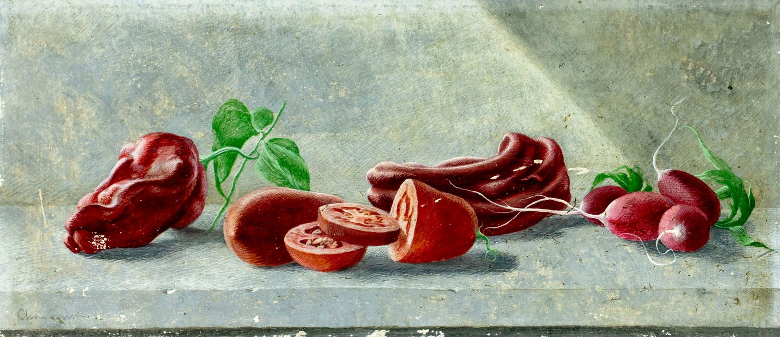 Wynn Moody Chamberlain (NY,MN,CA,1929-2014) oil painting: ARTIST: Wynn Moody Chamberlain (New York, Minnesota, California, 1929 - 2014) TITLE: Still Life with Vegetables MEDIUM: oil on board CONDITION: Some scratches/paint losses