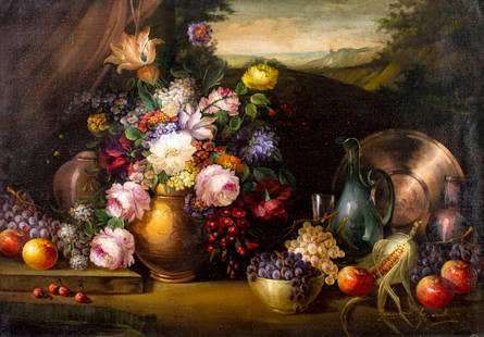 Francesco Giordano (Italy,1945-?) oil painting: ARTIST: Francesco Giordano (Italian, 1945 - ???) TITLE: Still Life with Fruit, Flowers and Jugs MEDIUM: oil on canvas CONDITION: Unstretched (In-House stretching available