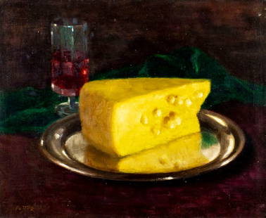 V Putter (Europe,20C) oil painting: ARTIST: V Putter (European, 20 century) TITLE: Still life with Cheese and Glass of Wine MEDIUM: oil on canvas CONDITION: Unstretched (In-House stretching available). Few minor paint losses. No