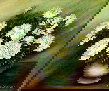 Julia Moore (US,mid 20C) oil painting: ARTIST: Julia Moore (American, mid 20 century) TITLE: Still Life with Vase of Flowers YEAR: 1948 MEDIUM: oil on board CONDITION: Some faint scratches mos