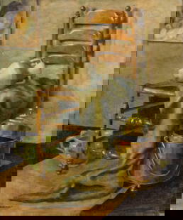 Th DeWager (US,mid 20C) oil painting: ARTIST: Th DeWager (American, mid 20 century) TITLE: Still Life with Chair MEDIUM: oil on canvas CONDITION: Some nail holes along edges. Minor paint losses. Minor craquelure
