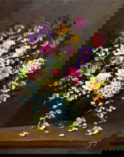 Ignacio Guibert (Spain,1916-1992) oil painting: ARTIST: Ignacio Guibert Amor (Spanish, 1916 - 1992) TITLE: Still Life with Vase of Flowers MEDIUM: oil on canvas CONDITION: Unstretched (In-House stretching available). Some small scratches/paint
