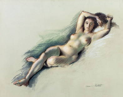James Patton (US,20C) pastel painting: ARTIST: James Patton (American, 20 century) TITLE: Reclining Nude MEDIUM: pastel on paper CONDITION: Very good. Framed under glass. ART SIZE: 20 x 26 inches / 50 x 66 cm FRAME SIZE: 24 x 30 inches /