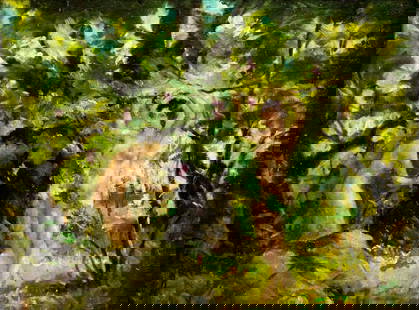 Antique early 20C American oil painting: ARTIST: - (American, early 20 century) TITLE: Nudes in Forest MEDIUM: oil on canvas board CONDITION: One small patch-repaired tear. Minor scratches/paint losses. Very min