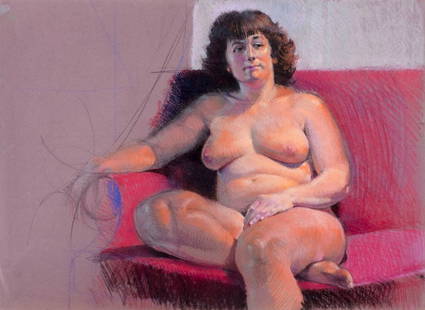 Karl Foster (PA,b 1933) pastel painting: ARTIST: Karl Foster (Pennsylvania, born 1933) TITLE: Seated Nude MEDIUM: pastel on heavy paper CONDITION: Two small tears to edges (1" long). ART SIZE: 22 x 30 inches / 55 x 76 cm FRAME SIZE: