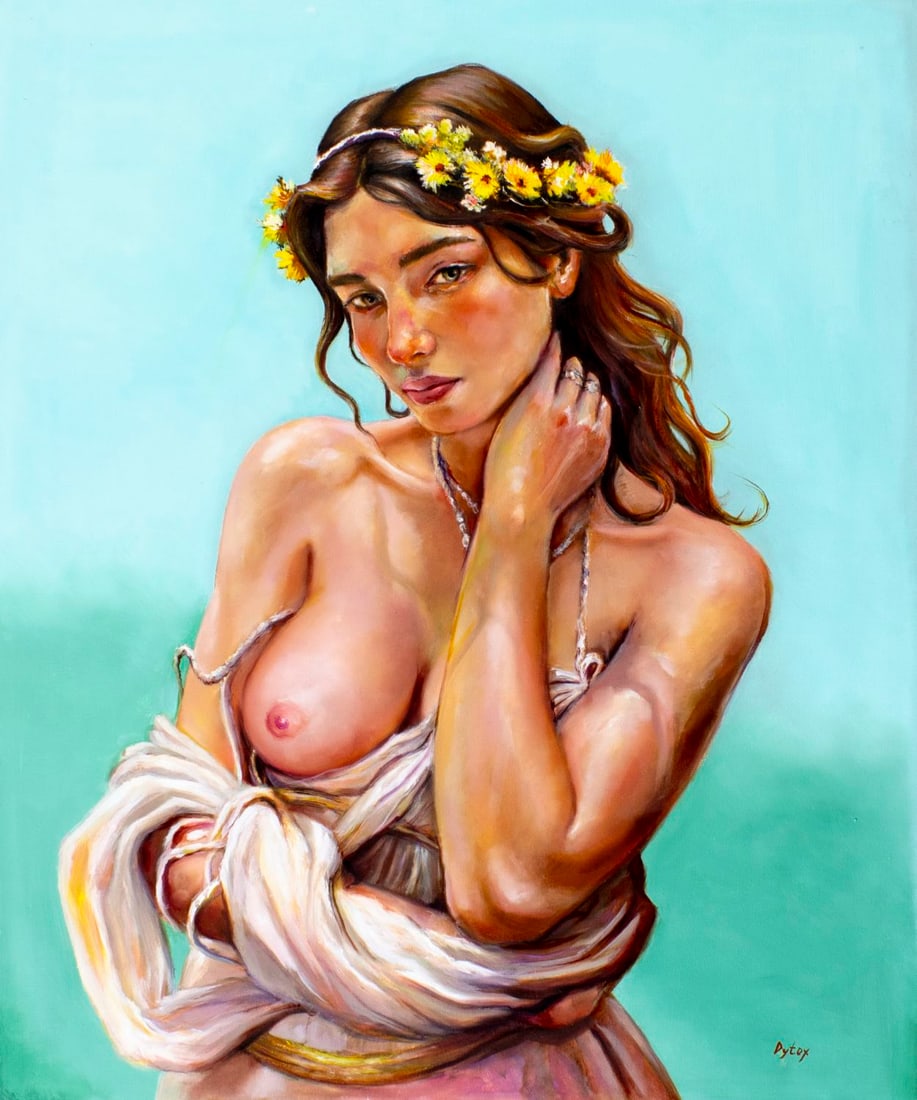 Dmitro Yaschenko (Ukraine,b 1990) oil painting: ARTIST: Dmitro Yaschenko (Ukrainian, born 1990) TITLE: Female Semi Nude MEDIUM: oil on canvas CONDITION: Unstretched (In-House stretching available). Very good. No visible i