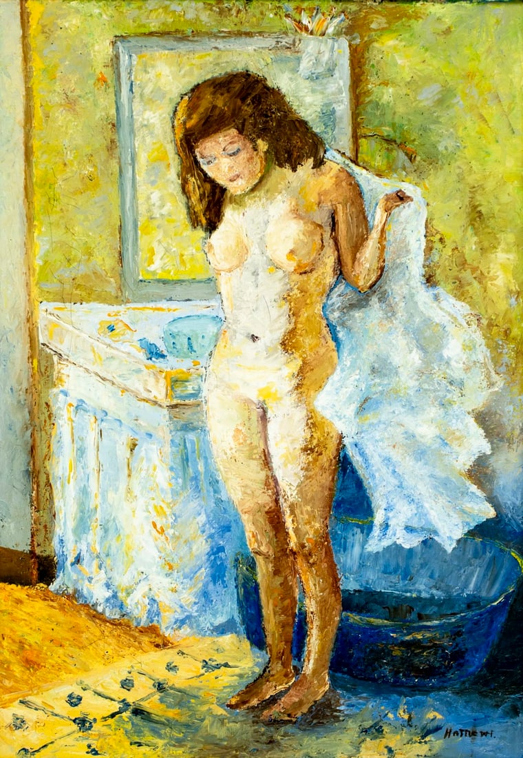 Hattie Iversen (Danish,mid 20C) oil painting: ARTIST: Hattie Iversen (Denmark, mid 20 century) TITLE: Nude after Bath MEDIUM: oil on canvas CONDITION: Few minor paint losses. Very minor craquelure. No visible inpaint un