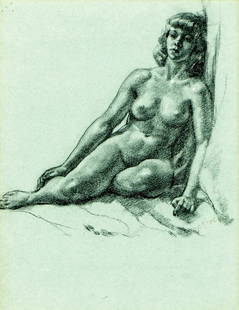 Vincent Nesbert (PA,Poland,1898-1976) graphite painting: ARTIST: Vincent Nesbert (Pennsylvania, Polish, 1898 - 1976) TITLE: Reclining Nude MEDIUM: graphite on paper CONDITION: Few pinholes along the upper edge. Framed under glas