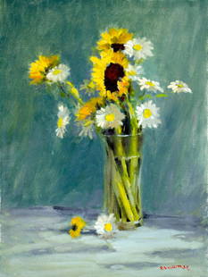 Robert Waltsak (NJ,b 1944) oil painting: ARTIST: Robert Alan Waltsak (New Jersey, born 1944) TITLE: Still Life with Sunflowers and Camomiles MEDIUM: oil on canvas CONDITION: Overall good. No visible inpaint under U