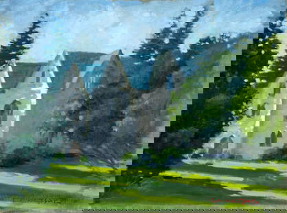 Robert Waltsak (NJ,b 1944) oil painting: ARTIST: Robert Alan Waltsak (New Jersey, born 1944) TITLE: Landscape with Cottage MEDIUM: oil on canvas CONDITION: Few small scratches/paint losses in the upper right quadra