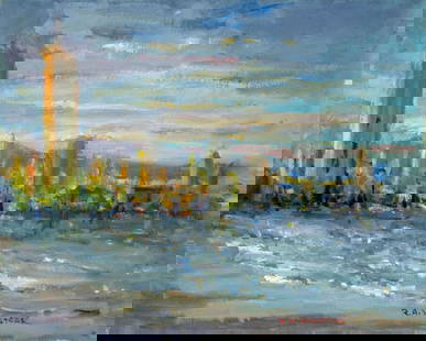 Robert Waltsak (NJ,b 1944) oil painting: ARTIST: Robert Alan Waltsak (New Jersey, born 1944) TITLE: Sunset Coastal Cityscape MEDIUM: oil on canvas CONDITION: Very good. No visible inpaint under UV light. Normal wear along edges. ART SIZE: