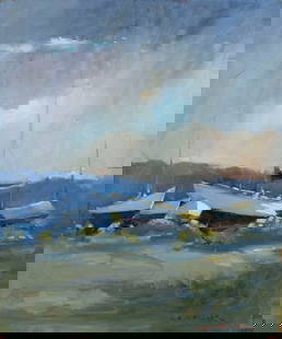 Robert Waltsak (NJ,b 1944) oil painting: ARTIST: Robert Alan Waltsak (New Jersey, born 1944) TITLE: Boat Yard MEDIUM: oil on board CONDITION: Few paint losses mostly along edges. No visible inpaint under UV light. ART SIZE: 24 x 20 inches /