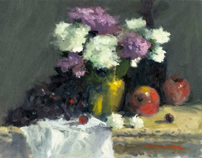 Robert Waltsak (NJ,b 1944) oil painting: ARTIST: Robert Alan Waltsak (New Jersey, born 1944) TITLE: Still Life with Vase of Lilacs, Grapes and Apples MEDIUM: oil on canvas CONDITION: Very good. No visible inpaint under UV light. Normal wear