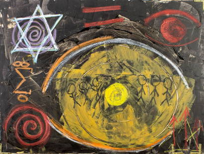 Pios Rodaman (FL,Brazil,b 1953) mixed media painting: ARTIST: Pios Rodaman (Florida, Brazilian, born 1953) TITLE: Existentialism - Jean Paul Sartre (titled on verso) MEDIUM: mixed media on canvas CONDITION: Few minor paint losses. No visible inpaint