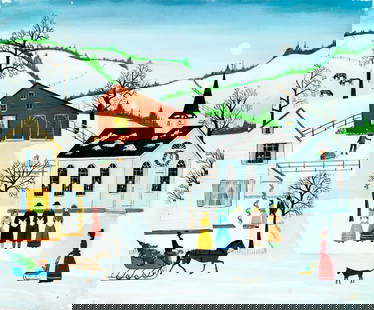 James Reed (US,20C) oil painting: ARTIST: James Reed (American, 20 century) TITLE: Winter Village Scene MEDIUM: oil on canvas CONDITION: Few small paint losses. No visible inpaint under UV light. Normal wear