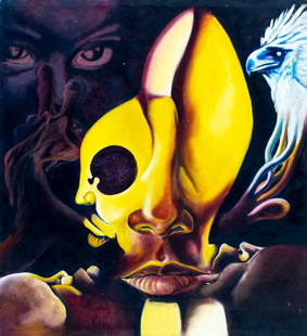 Vintage 20C American oil painting: ARTIST: - (American, 20 century) TITLE: Surreal Composition MEDIUM: oil on canvas CONDITION: Some scratches/paint losses. No visible inpaint under UV light. Normal wear al