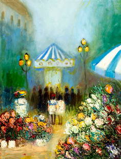 Yolanda Razzeto (Peru,1948-?) oil painting: ARTIST: Yolanda Razzeto (Peruvian, 1948 - ???) TITLE: Park Scene MEDIUM: oil on canvas CONDITION: Unstretched (In-House stretching available). Missing a few flakes of paint. Some craquelure. No