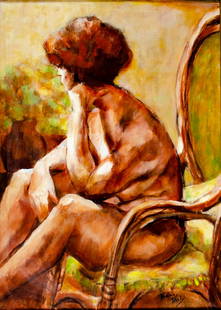 Thelma Thal (NY,1903-2001) oil painting: ARTIST: Thelma Thal (New York, 1903 - 2001) TITLE: Seated Nude MEDIUM: oil on canvas CONDITION: Few minor paint losses. No visible inpaint under UV light. ART SIZE: 42 x 30 inches / 106 x 76 cm