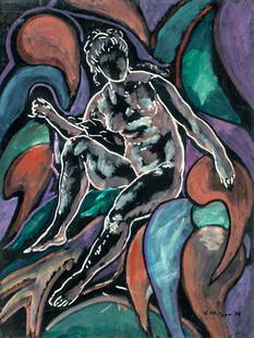 Evelyn Metzger (NY,Brazil,1911-2007) oil painting: ARTIST: Evelyn Borchard Metzger (New York, Brazilian, 1911 - 2007) TITLE: Abstract Composition with Seated Nude YEAR: 1994 MEDIUM: oil on board CONDITION: Some scratches/paint losses mostly along