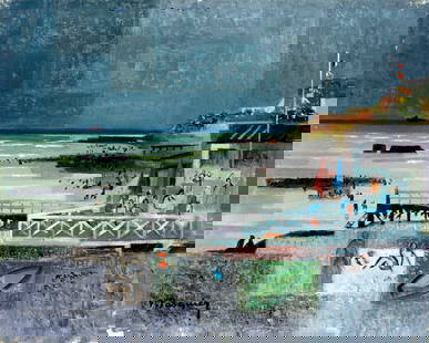 Francis Pasquier (France,1901-1969) oil painting: ARTIST: Francis Pasquier (French, 1901 - 1969) TITLE: La Plage et la Bar Marie Christine, Le Havre, France (titled on verso) YEAR: 1960 MEDIUM: oil on canvas CONDITION: Small scratches/paint