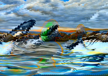 Chance Tedesco (PA,20/21C) oil painting: ARTIST: Chance Tedesco (Pennsylvania, 20/21 centuries) TITLE: Birds - Goldeneye Ducks MEDIUM: oil on board CONDITION: Very good. No visible inpaint under UV light. ART SIZE: 10 x 14 inches / 25 x 35
