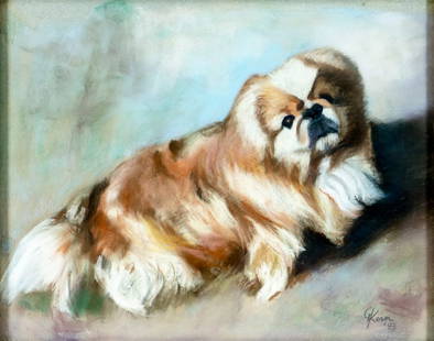 Guy Kern (MA,20C) pastel painting: ARTIST: Guy Kern (Massachusetts, 20 century) TITLE: Pekingese Dog YEAR: 1983 MEDIUM: pastel on paper CONDITION: Overall good. Framed under glass. Wear to