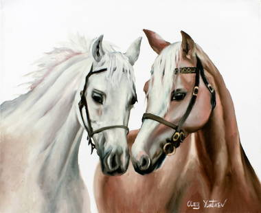 Oleg Yurtaev (Russia,b 1981) oil painting: ARTIST: Oleg Yurtaev (Russian, born 1981) TITLE: Horses - Love and Fidelity (titled on verso) MEDIUM: oil on canvas CONDITION: Unstretched (In-House stretching available). V