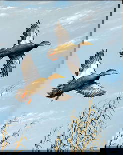 Lee Mauney (NC,20/21C) oil painting: ARTIST: Lee Mauney (North Carolina, 20/21 centuries) TITLE: Flying Ducks MEDIUM: oil on canvas CONDITION: Very good. No visible inpaint under UV light. ART SIZE: 20 x 16 inches / 50 x 40 cm FRAME